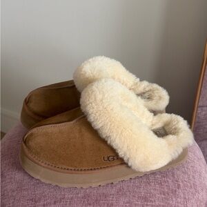 UGG Chestnut Suede Shearling Clog Slippers with Cream Fur